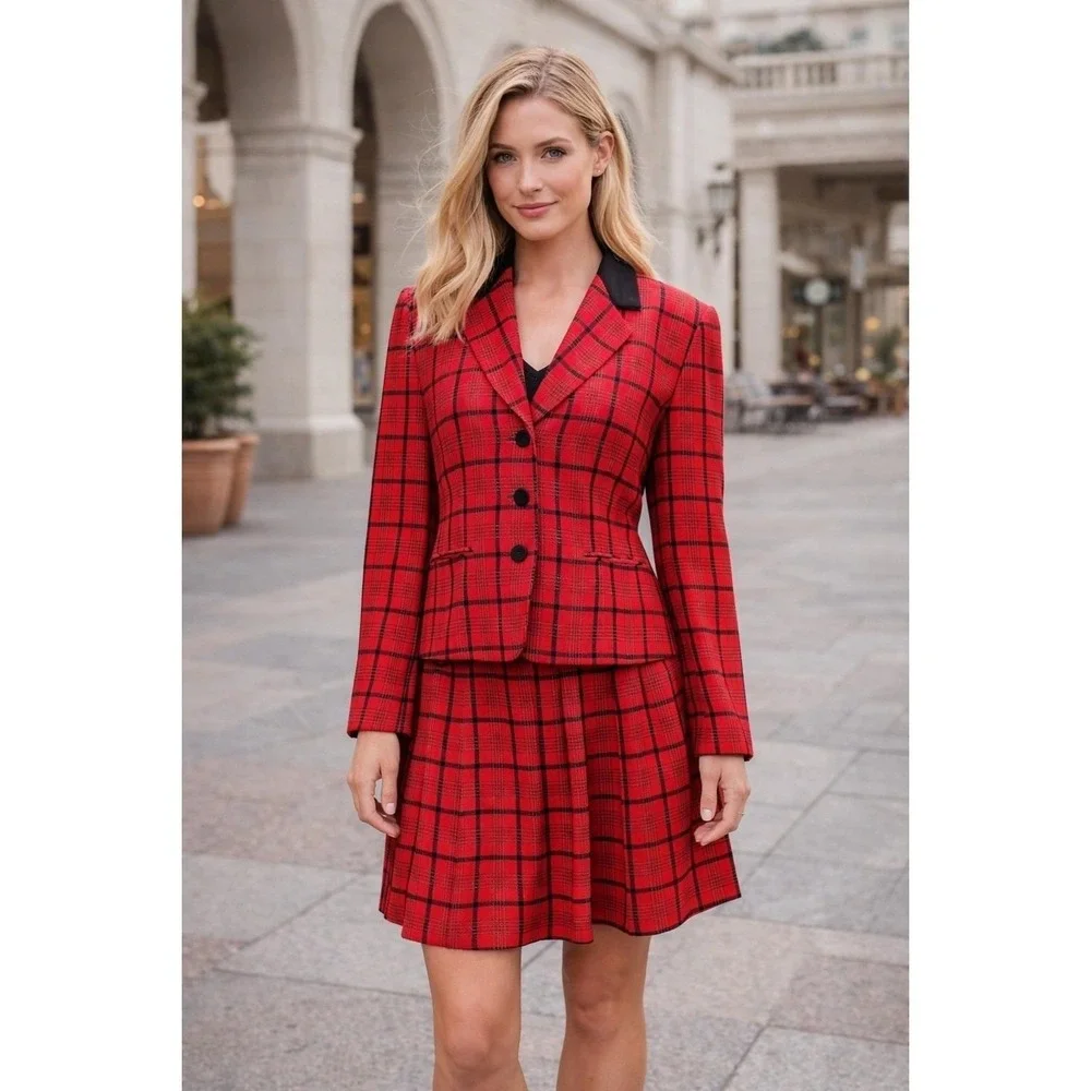 Vintage Pendleton Blazer Skirt Suit Set Women's 12 Red Plaid Tartan Wool USA 70s